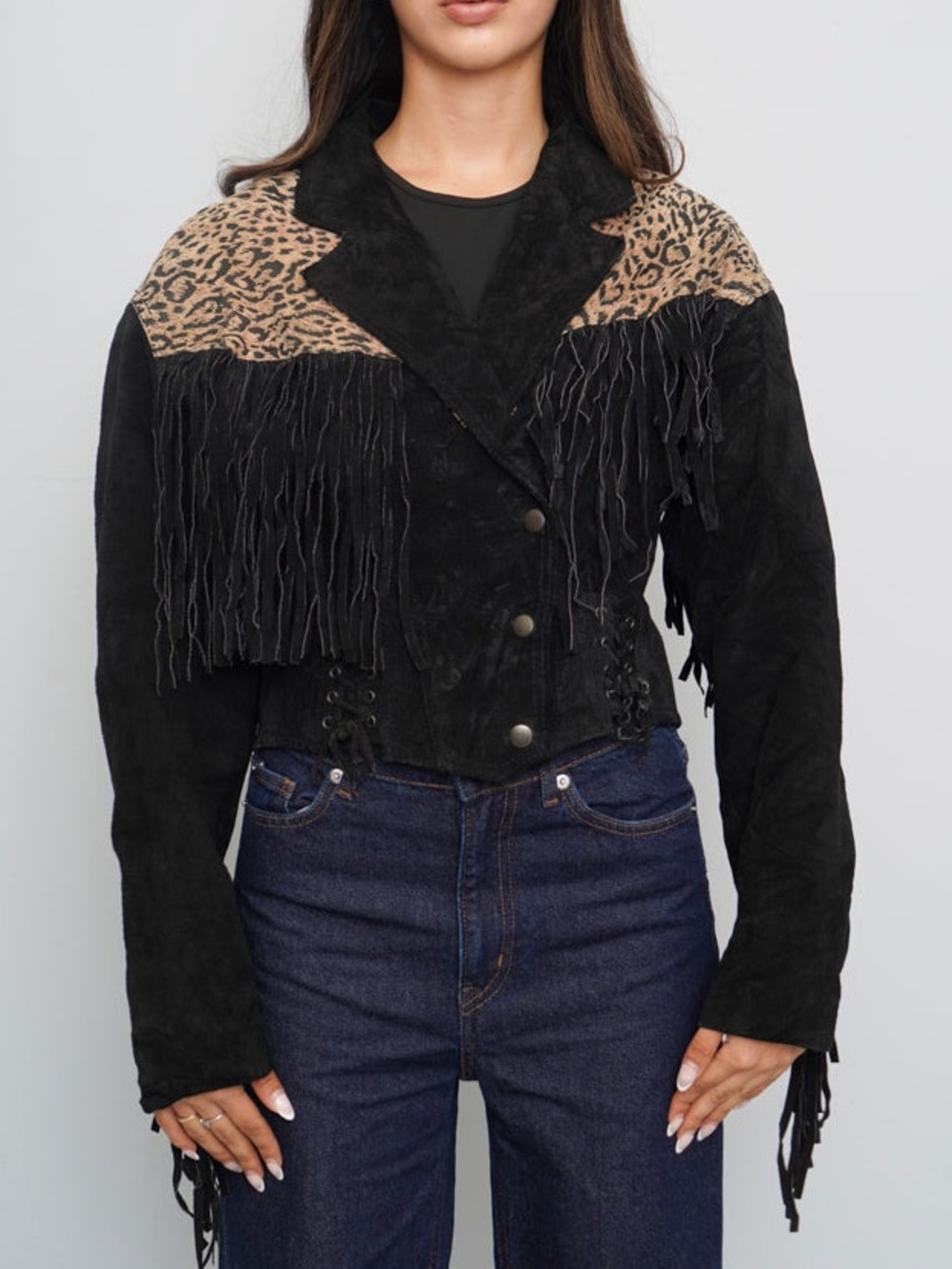 Chia Black & Leopard Print Fringed Suede Leather Jacket Size Small - Picture 3 of 9